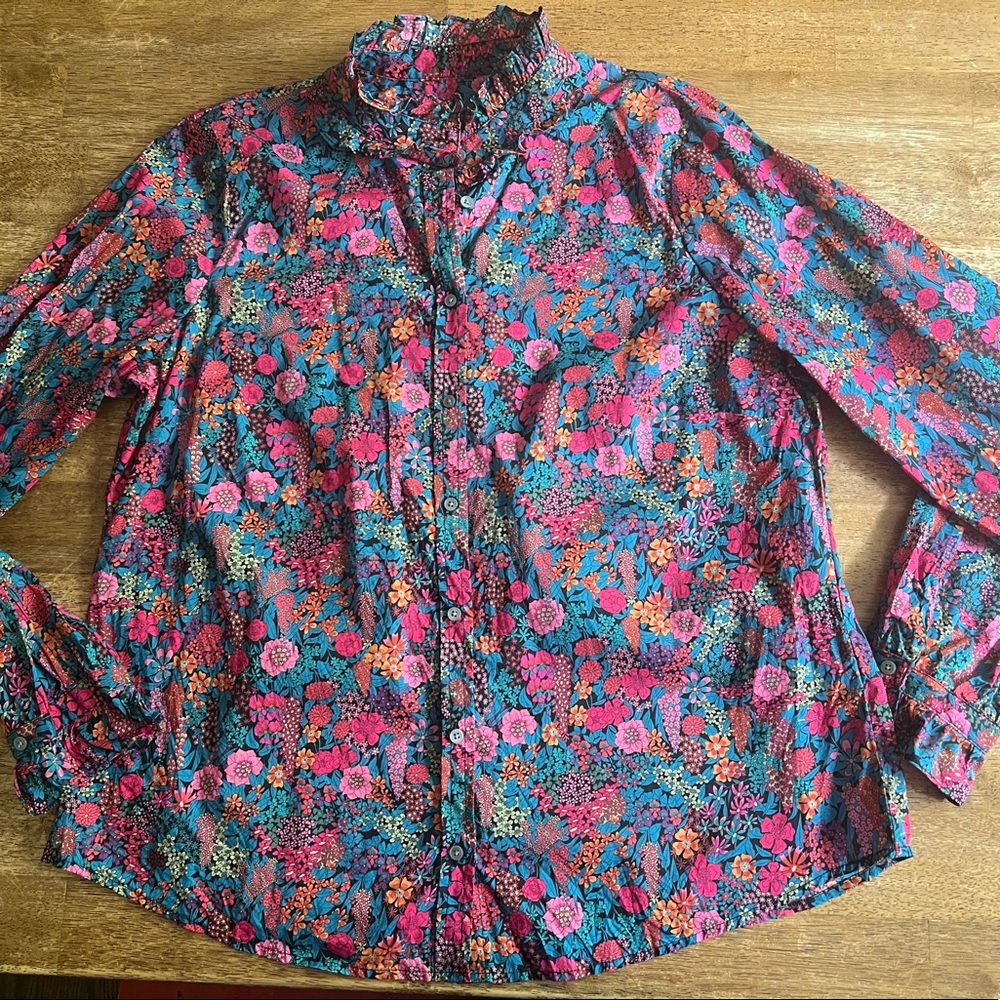 J. Crew Liberty ruffle-neck button-up classic shirt EUC XL